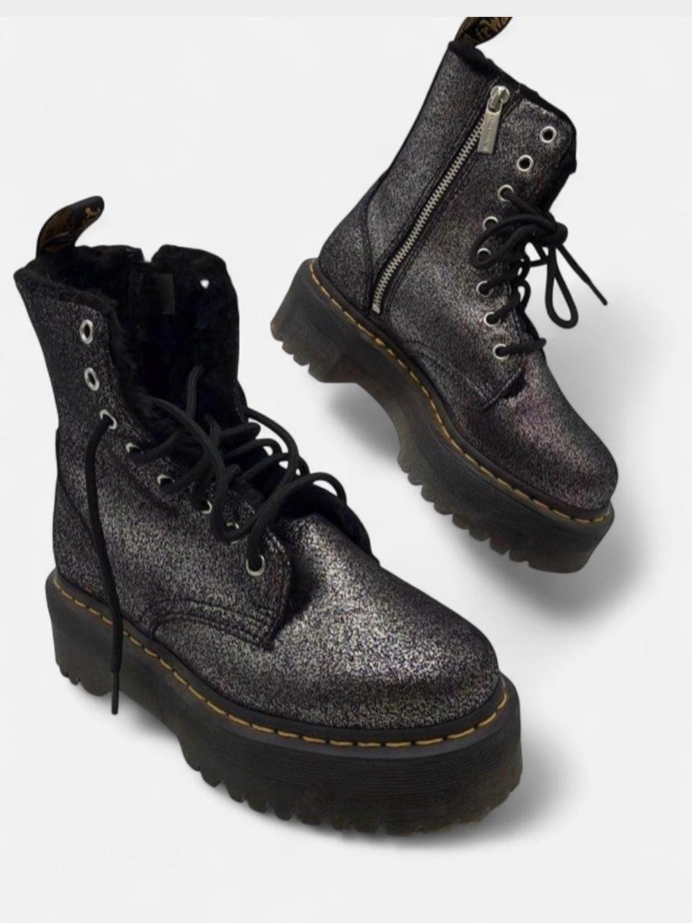 Dr. Martens Platform Jadon Fl Black Glitter Faux Fur Lined Boots Size US 6